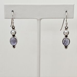 Artisan Sterling Silver Pearl and Oval Iolite Gemstone French Wire Earrings